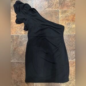 Black elegant one shoulder ruffle mini dress size extra large- stretchy